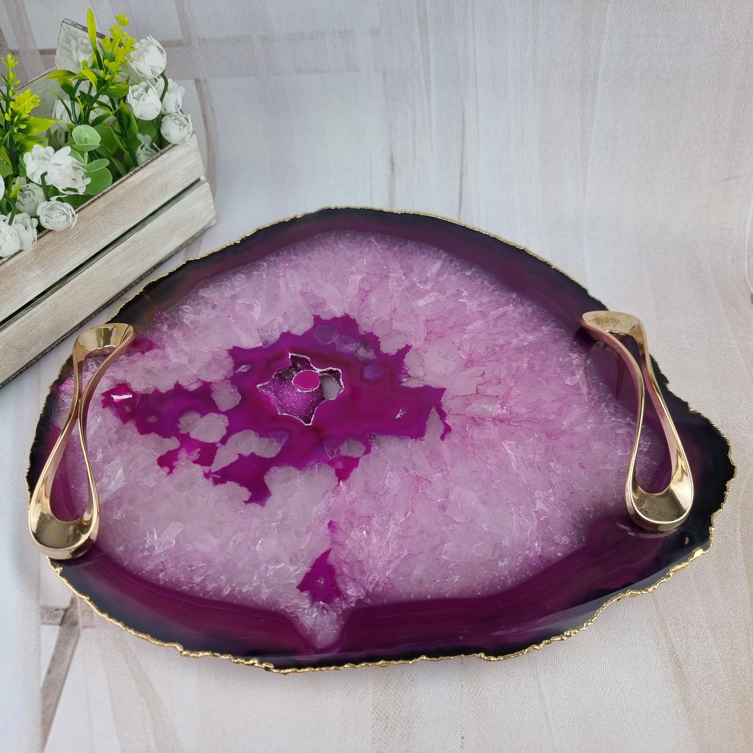 Natural Agate Trays with Handles | 1 Unit Gold Plated | Size 30 cm | BR Crystals Handmade Piece
