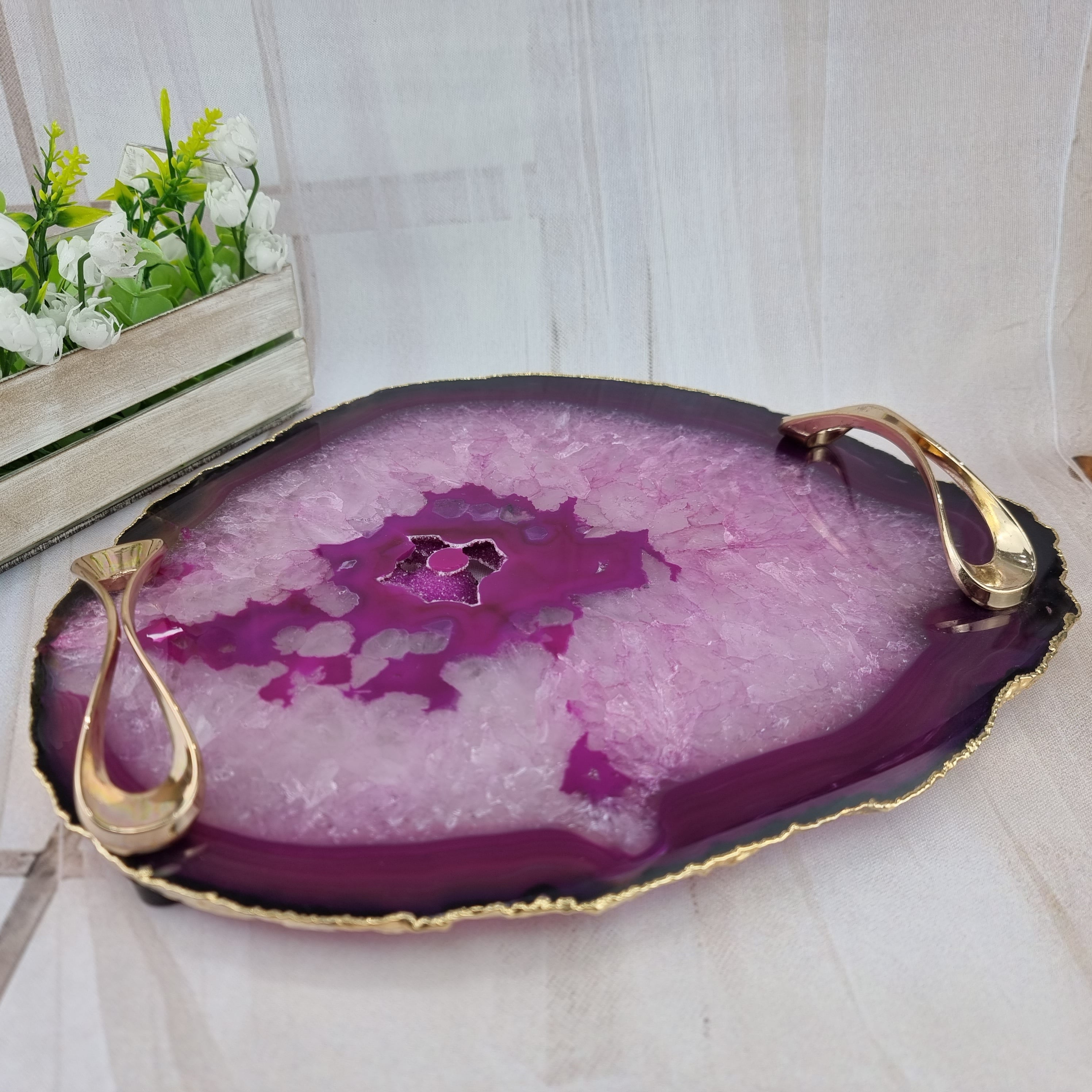 Natural Agate Trays with Handles | 1 Unit Gold Plated | Size 30 cm | BR Crystals Handmade Piece