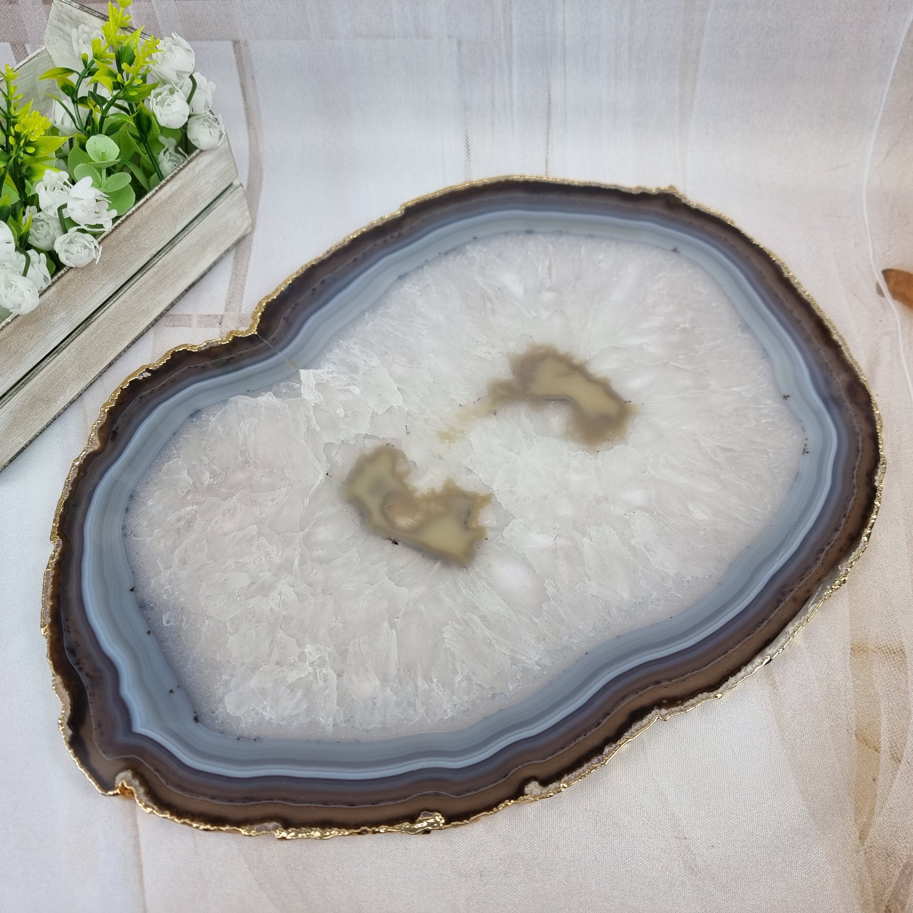Special Natural Agate Trays with Gold Plating | 1 Unit | Size 30 cm | Handmade Piece BR Crystals