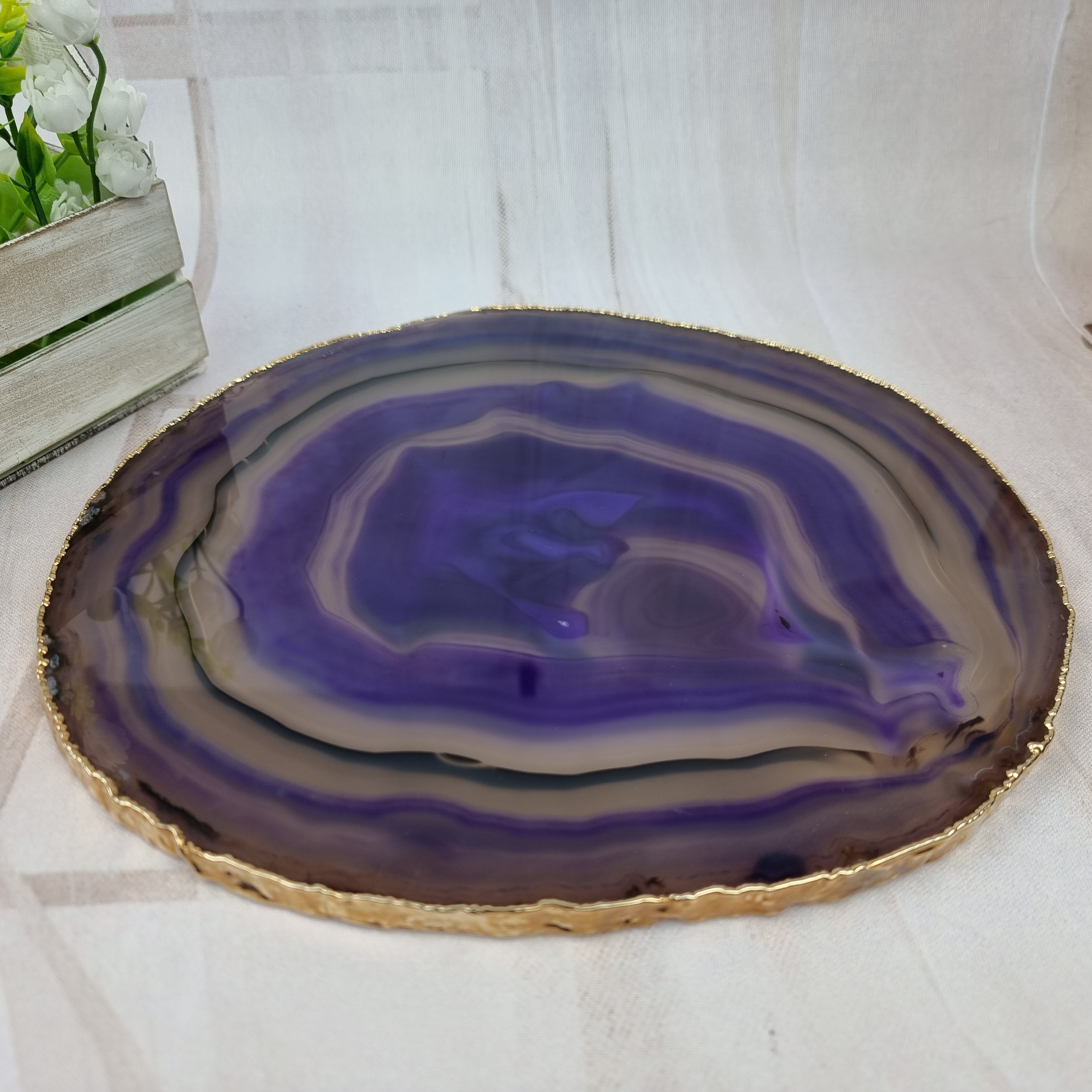 Special Natural Agate Trays with Gold Plating | 1 Unit | Size 30 cm | Handmade Piece BR Crystals