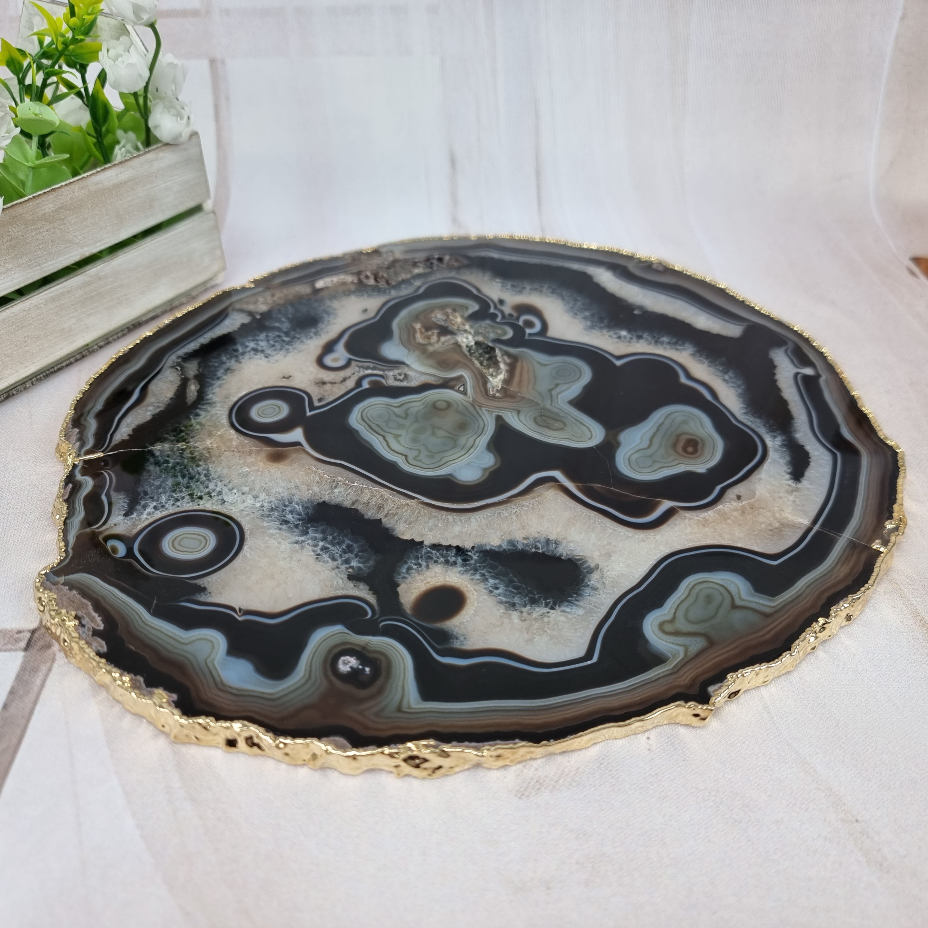 Special Natural Agate Trays with Gold Plating | 1 Unit | Size 30 cm | Handmade Piece BR Crystals
