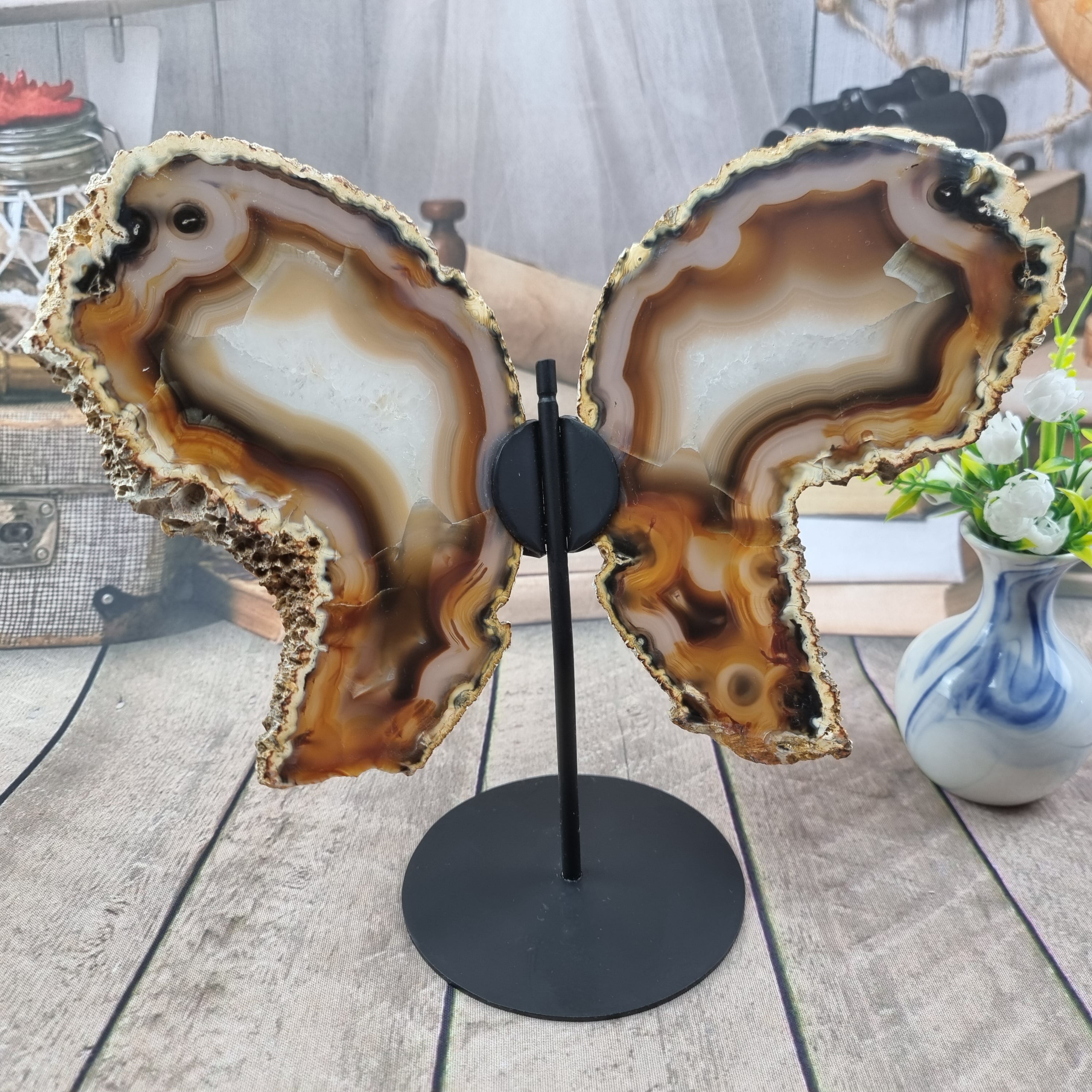 Mariposas de Ágata Natural tamaño 30 cm altura base de hierro y peso 900 kg