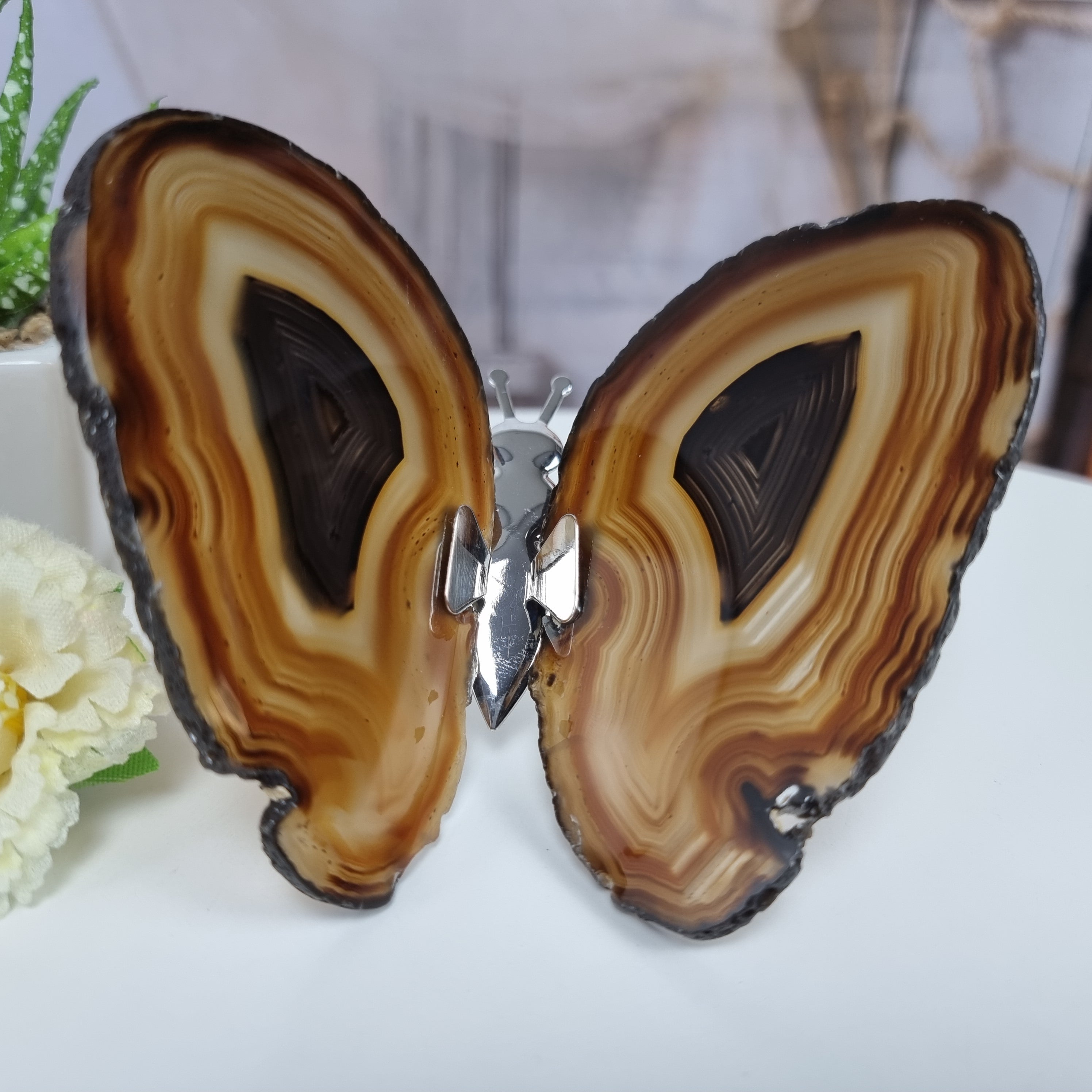 Ágata Natural Mariposas Insecto tamaño 8 a 10 cm Plata y peso 110 gramos