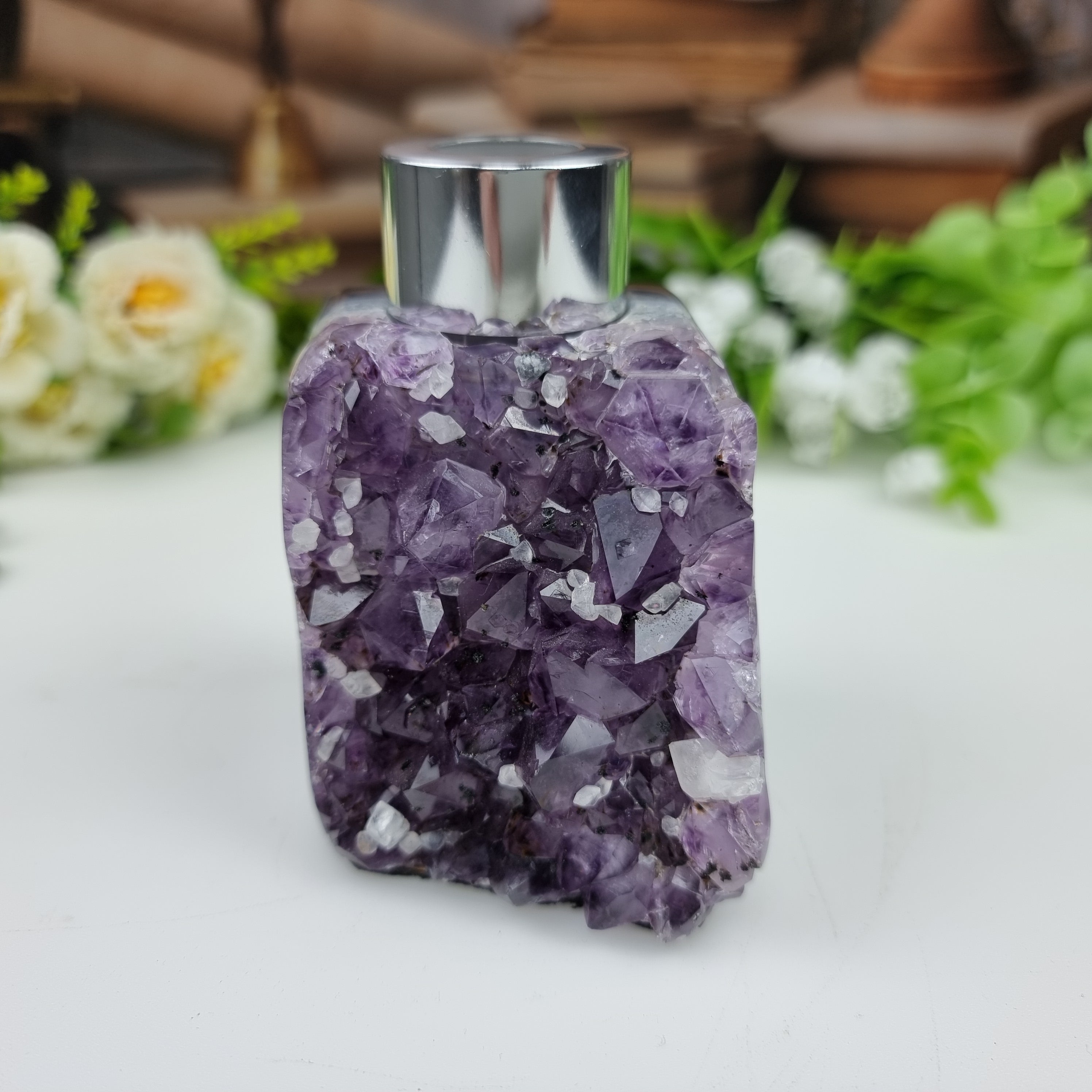 Difusor de Amatista Natural con Boquilla Dorada o Plata Altura 10 cm Peso 400 g
