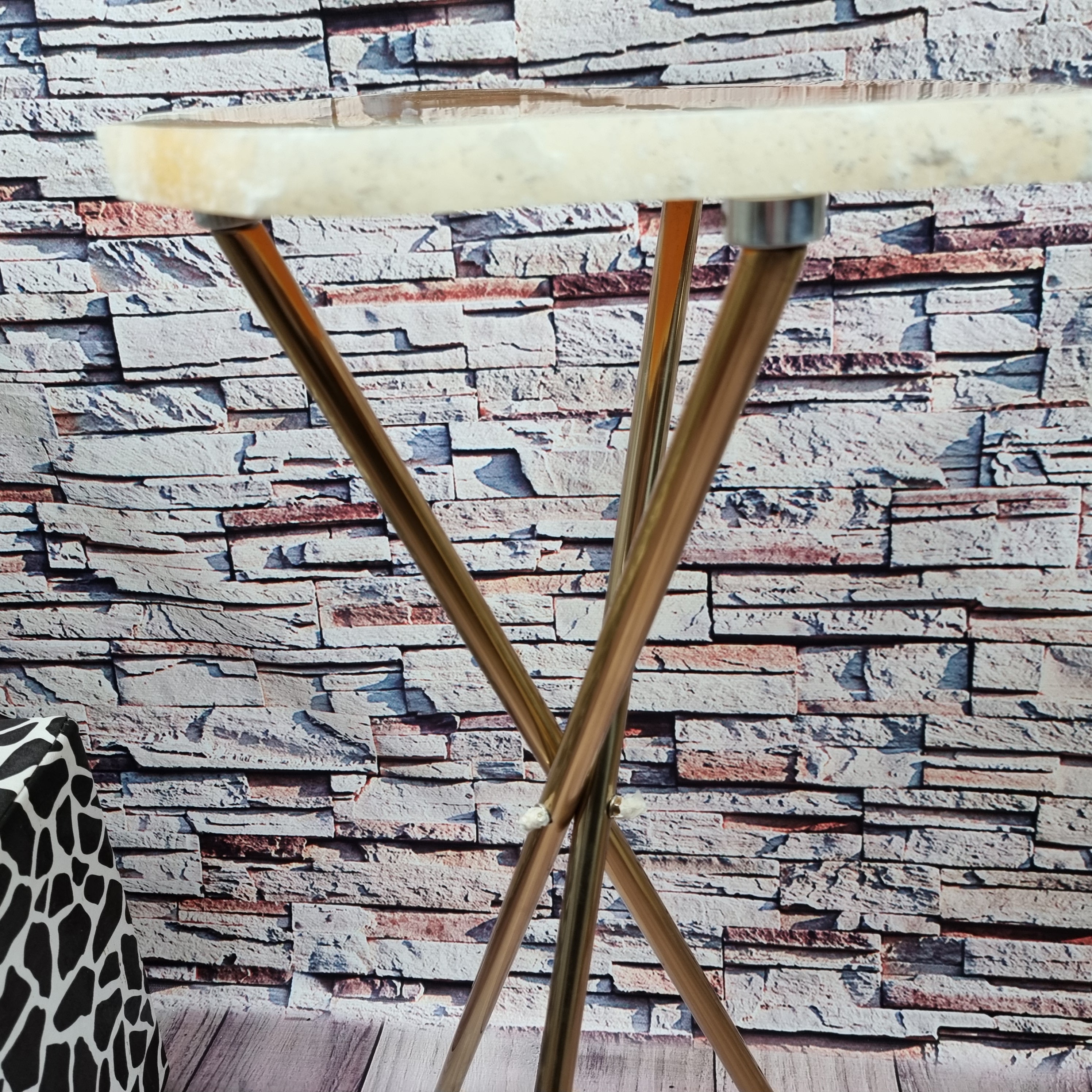 Calcite stone side table with golden base 60 cm high, total weight 5 kg