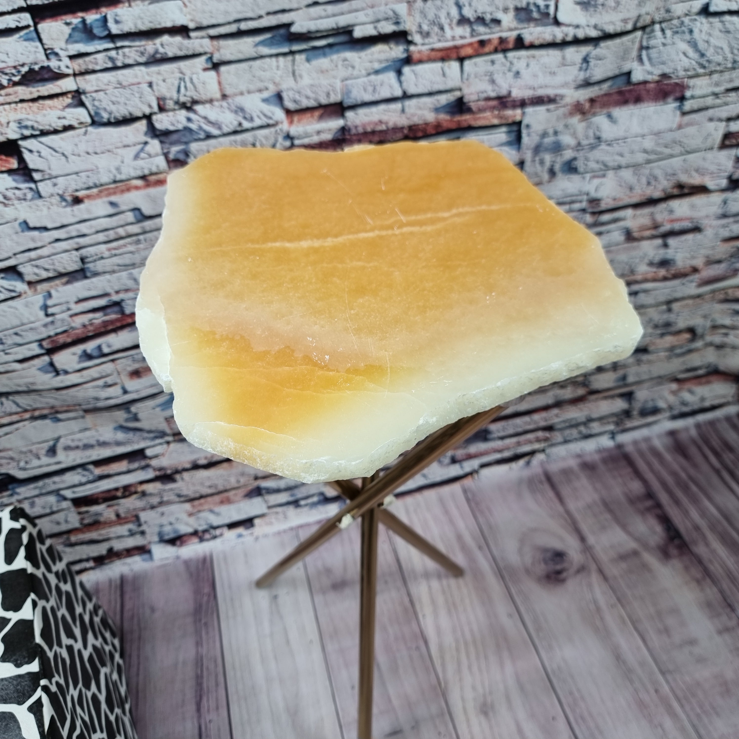 Calcite stone side table with golden base 60 cm high, total weight 5 kg