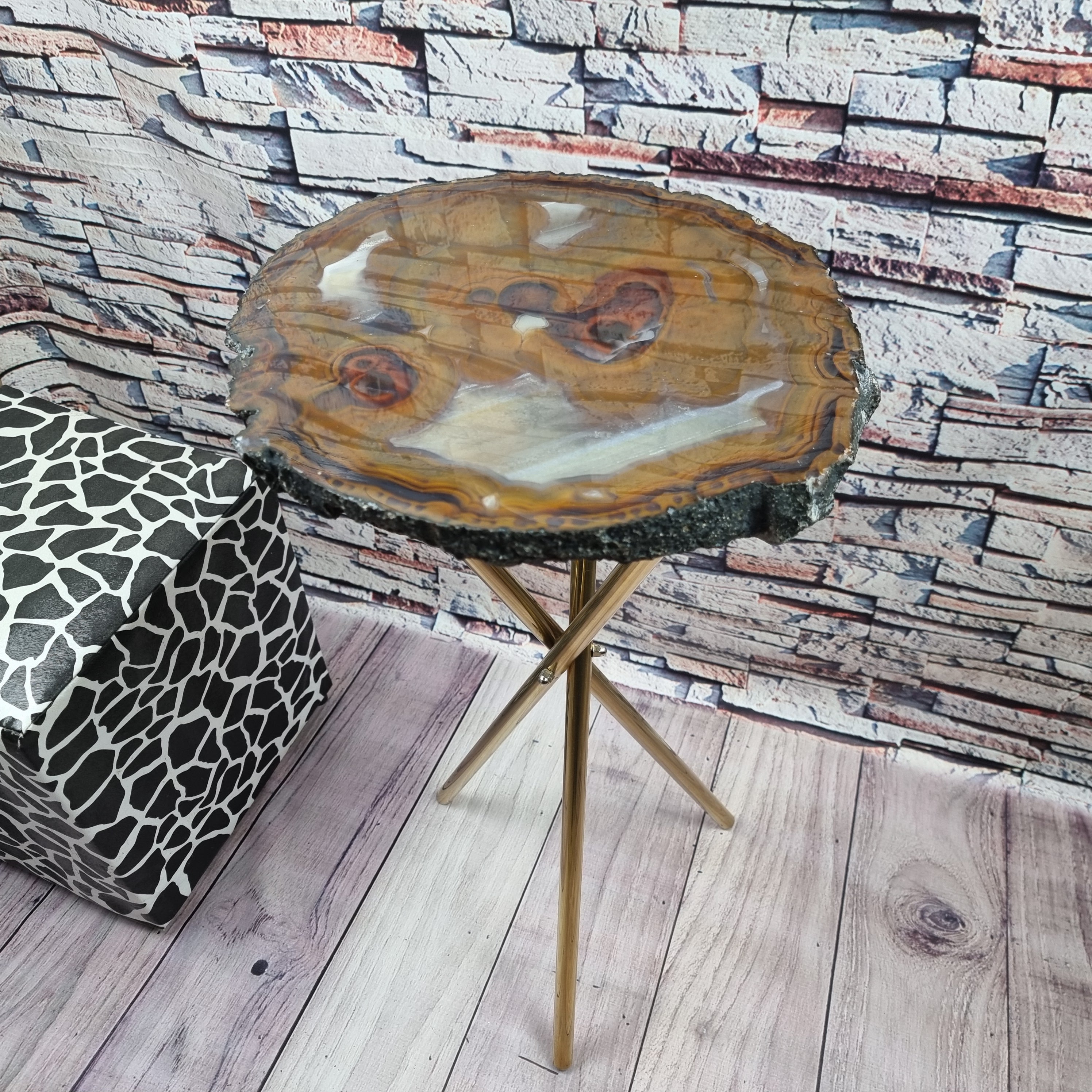 Agate Side Table with Special Designs | Gold Brass Tripod Base | 60 cm Height - BR Crystals Handmade Piece