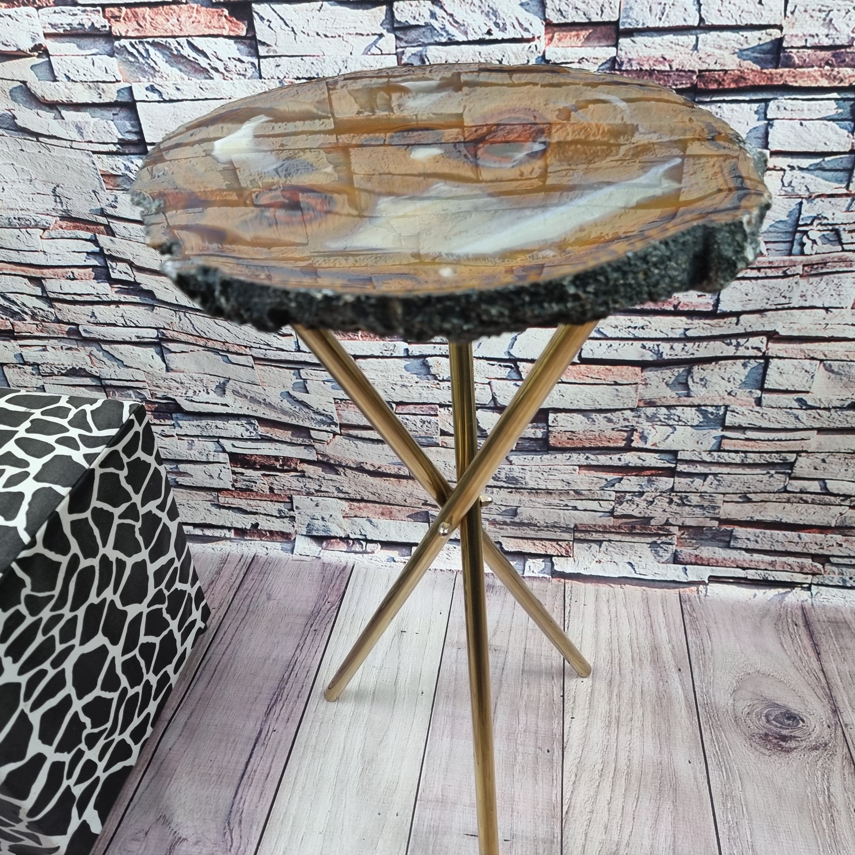 Agate Side Table with Special Designs | Gold Brass Tripod Base | 60 cm Height - BR Crystals Handmade Piece