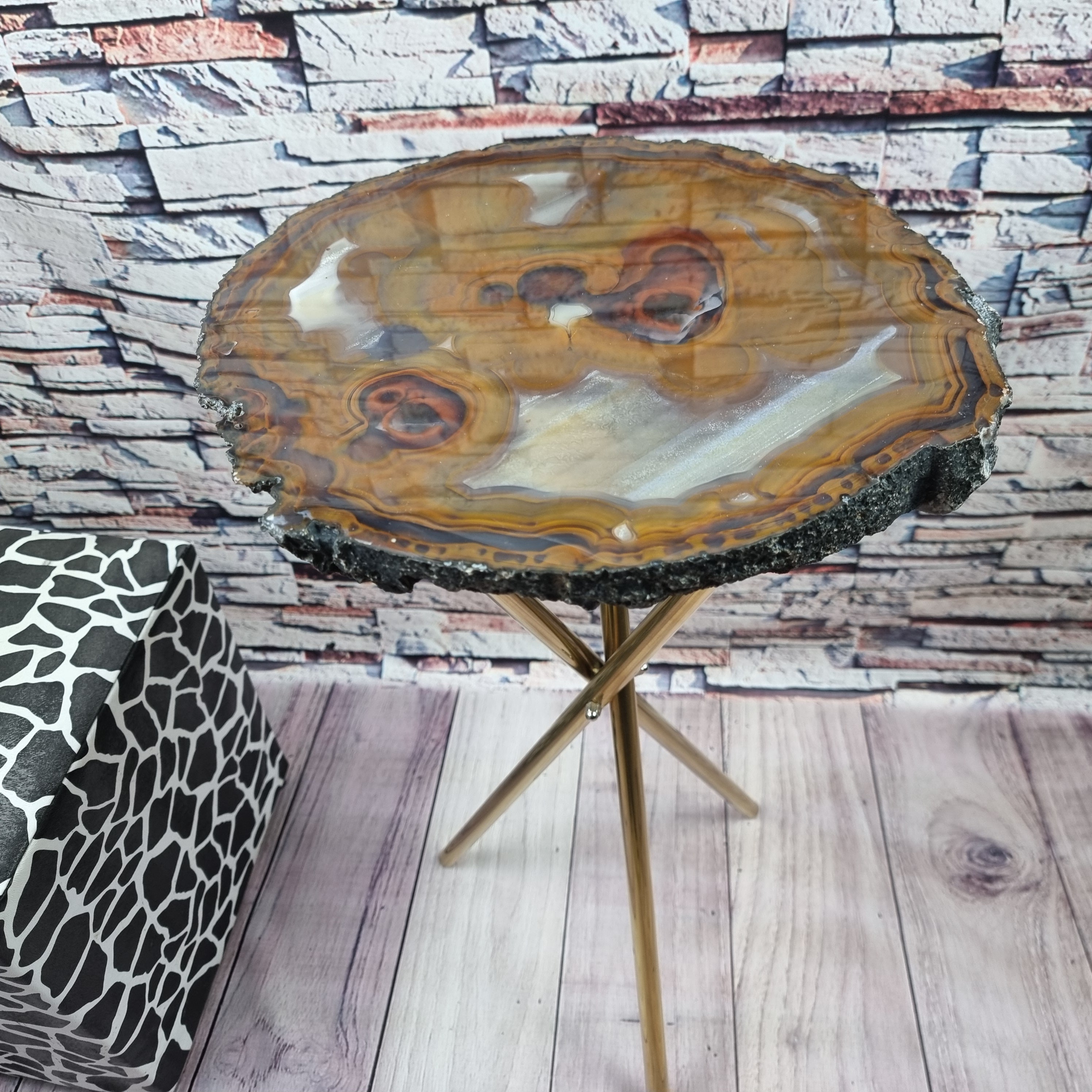 Agate Side Table with Special Designs | Gold Brass Tripod Base | 60 cm Height - BR Crystals Handmade Piece
