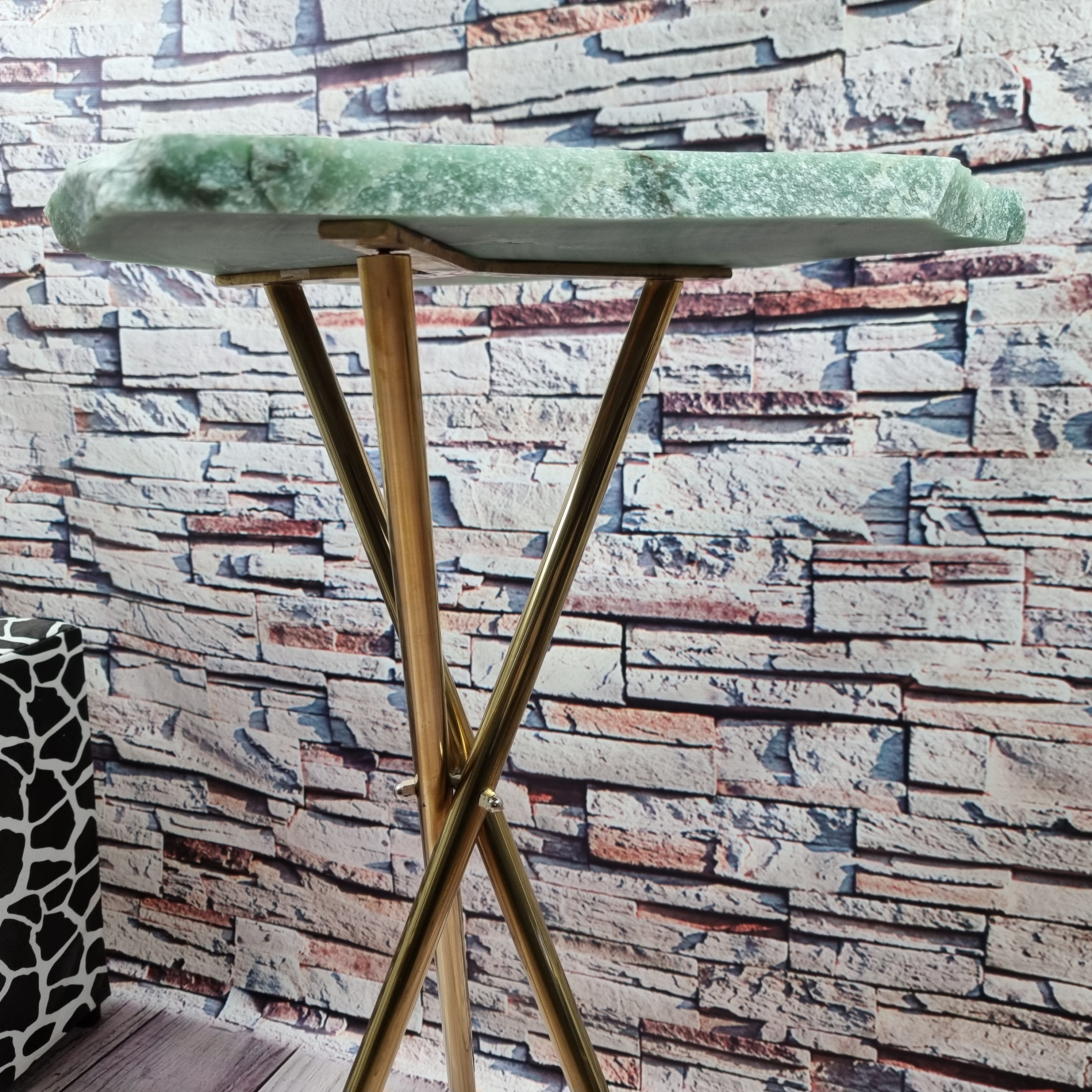 Green QUARTZ Side Table Without Plating | Gold Brass Tripod Base | 60 cm Height - Handmade Piece BR Crystals