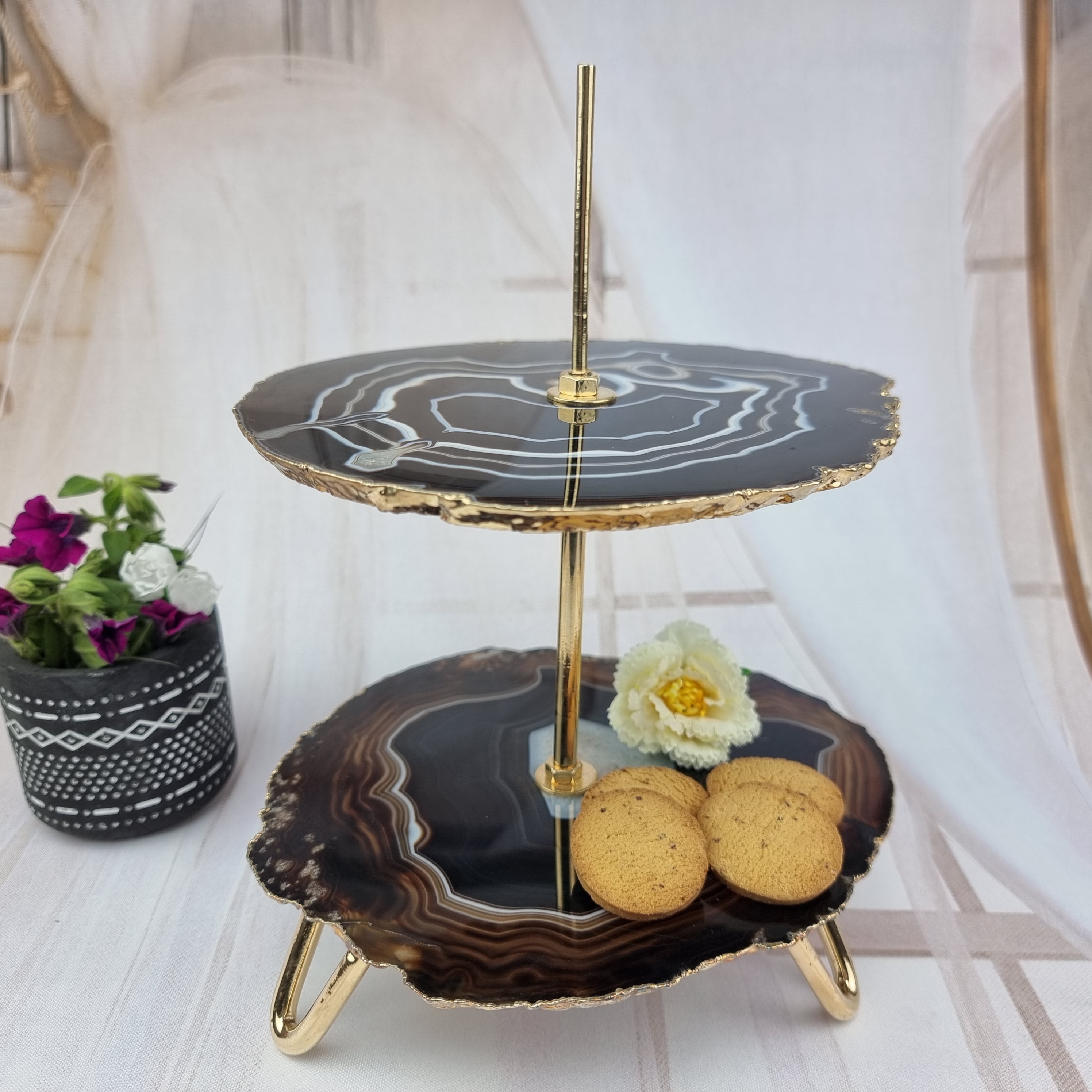 Conservador frigorífico de ágata natural con 2 piedras y base dorada - Alto 22 cm - 1 pieza