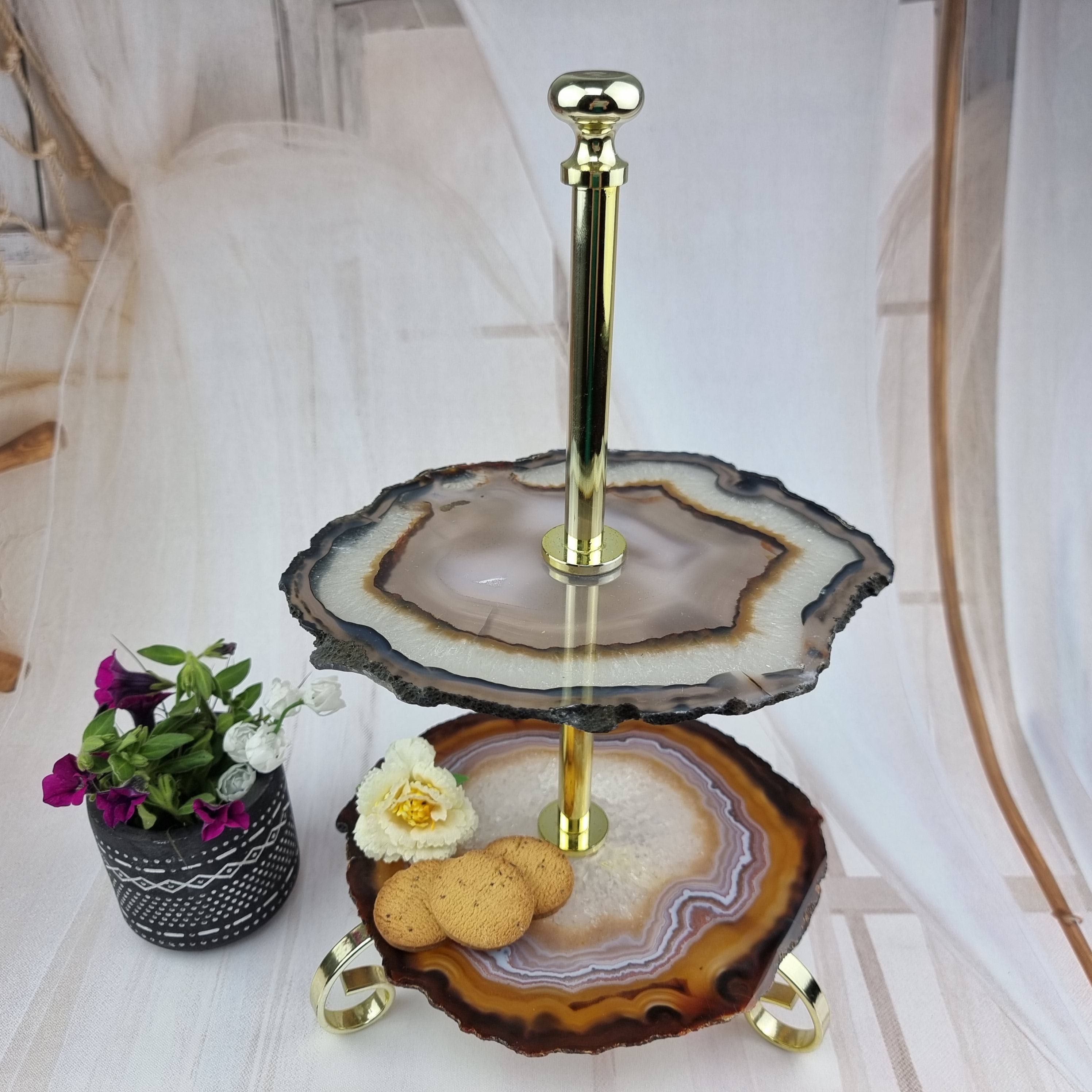 Conservador frigorífico de ágata natural con 2 piedras y base dorada - Alto 22 cm - 1 pieza