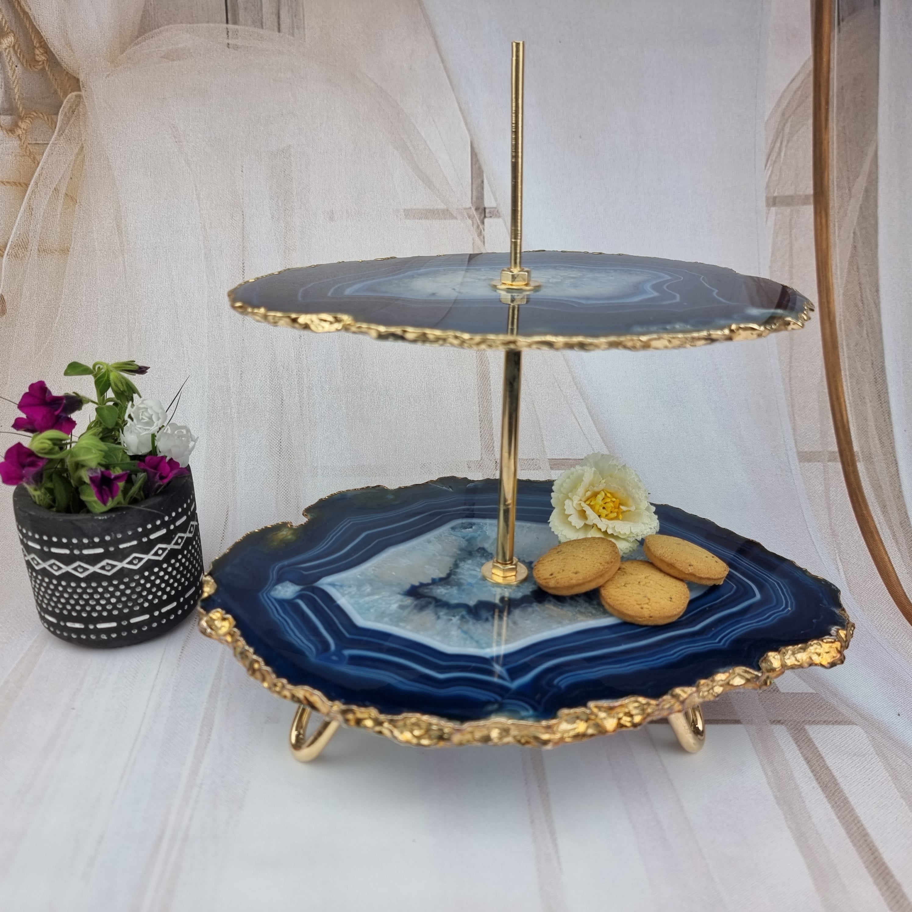 Conservador frigorífico de ágata natural con 2 piedras y base dorada - Alto 22 cm - 1 pieza