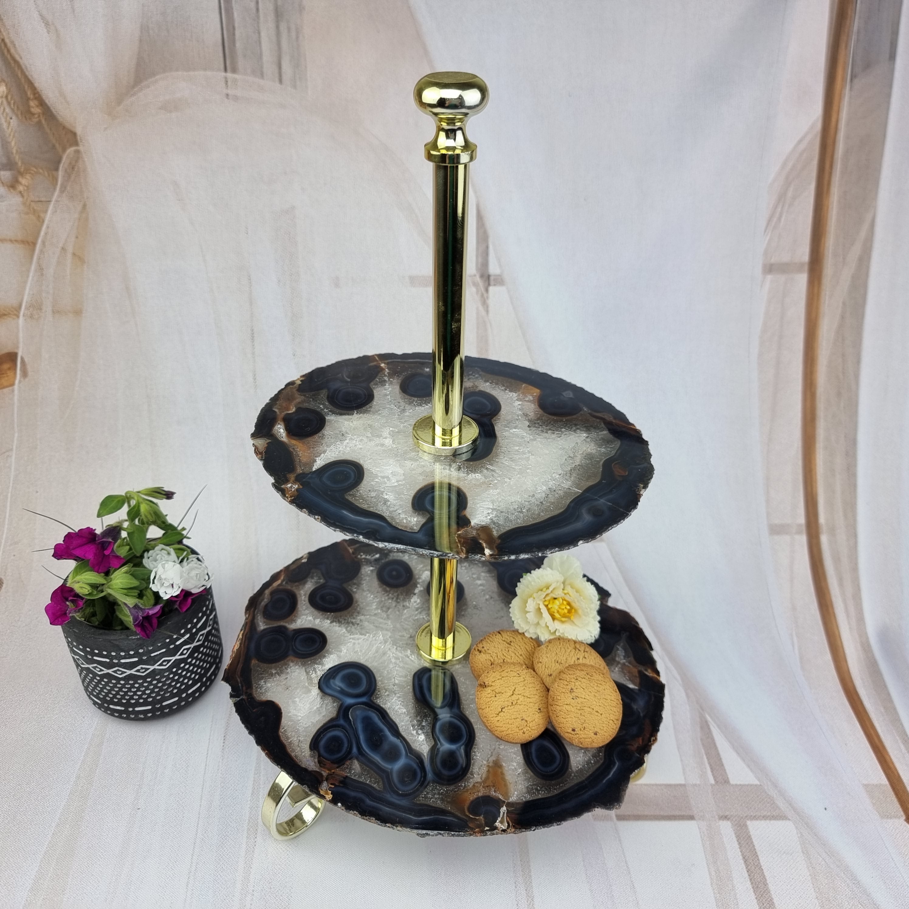 Conservador frigorífico de ágata natural con 2 piedras y base dorada - Alto 22 cm - 1 pieza