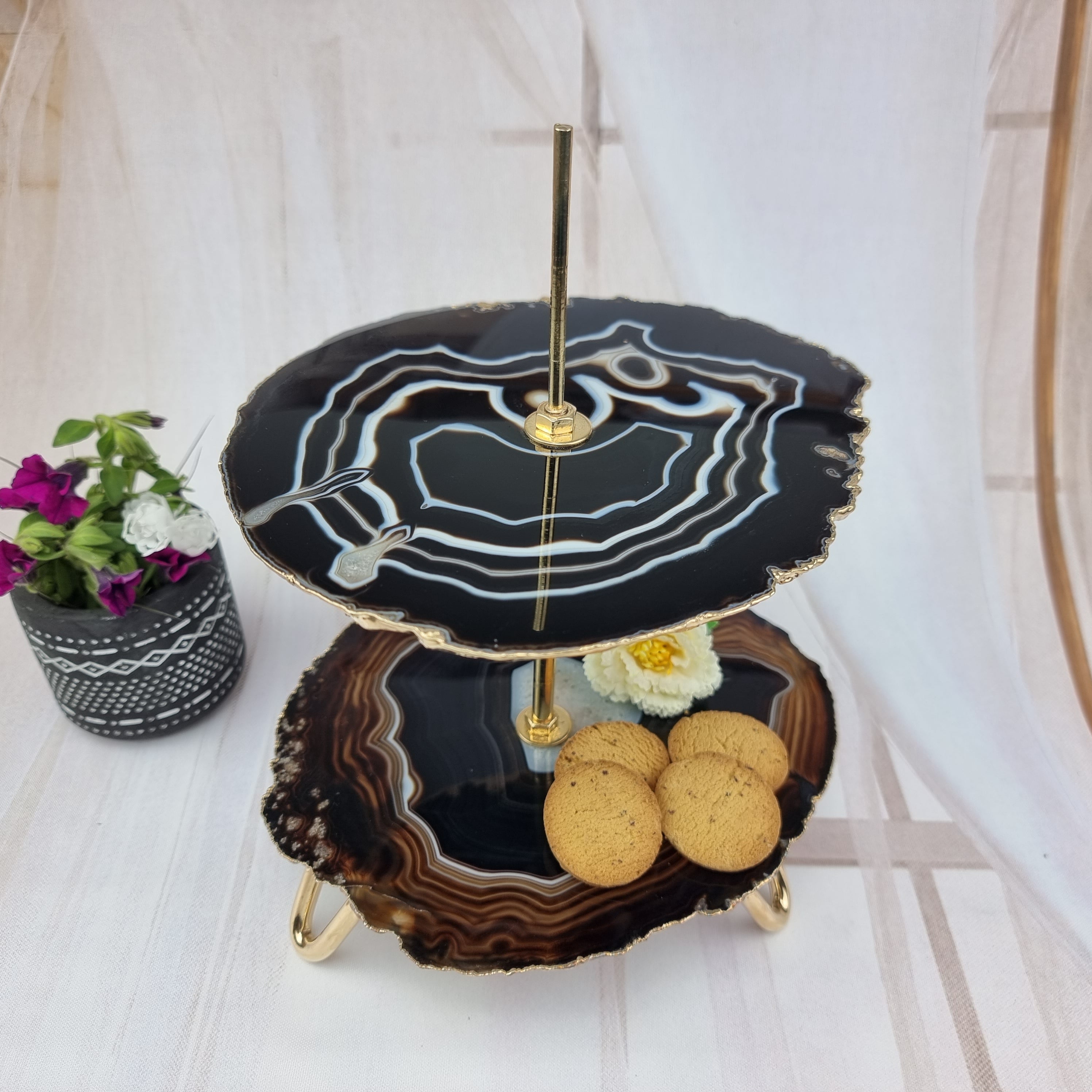 Conservador frigorífico de ágata natural con 2 piedras y base dorada - Alto 22 cm - 1 pieza