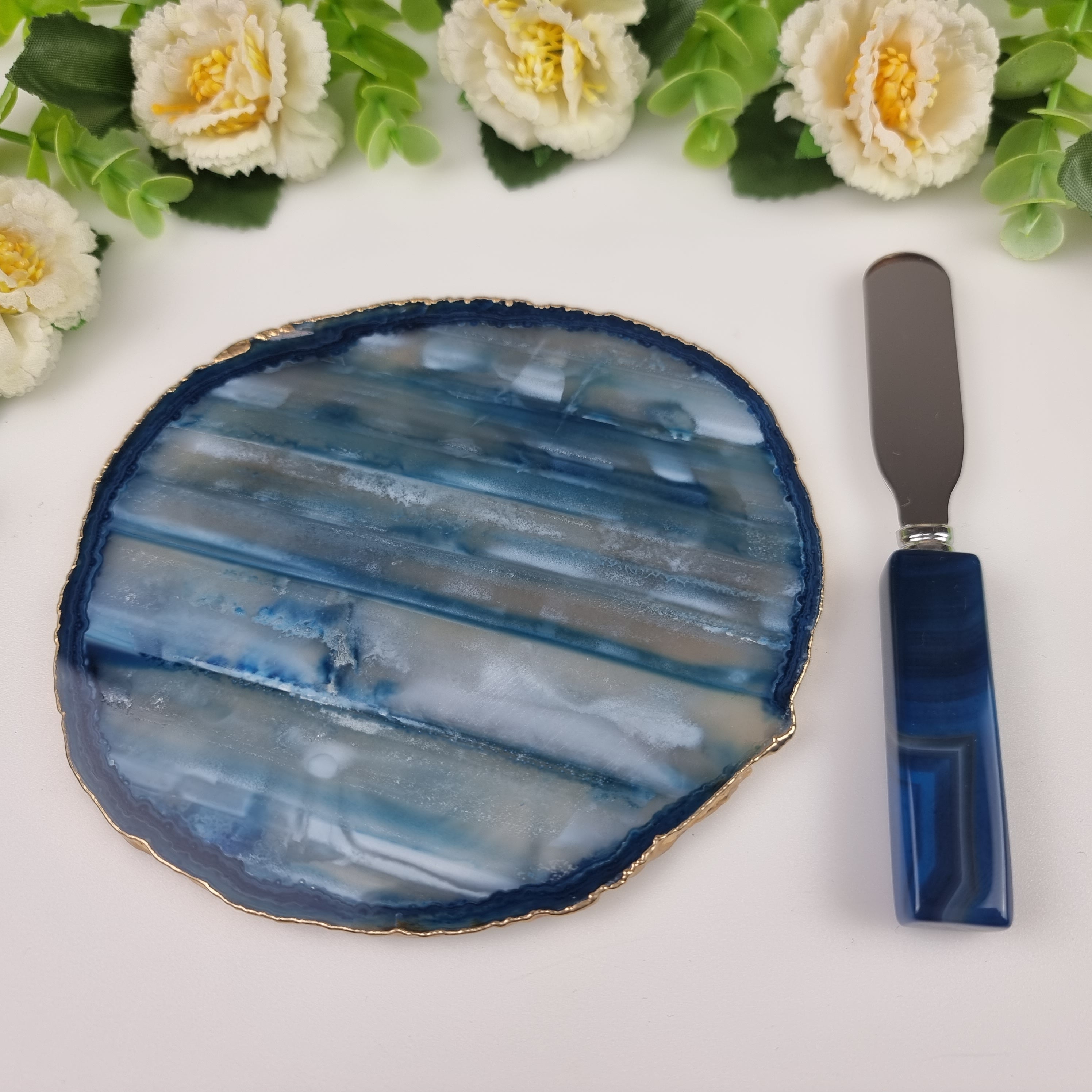 Portavasos Frigoríficos de Ágata con Bordes Dorados y Espátula - Medida 15 a 18 cm 1 Pieza