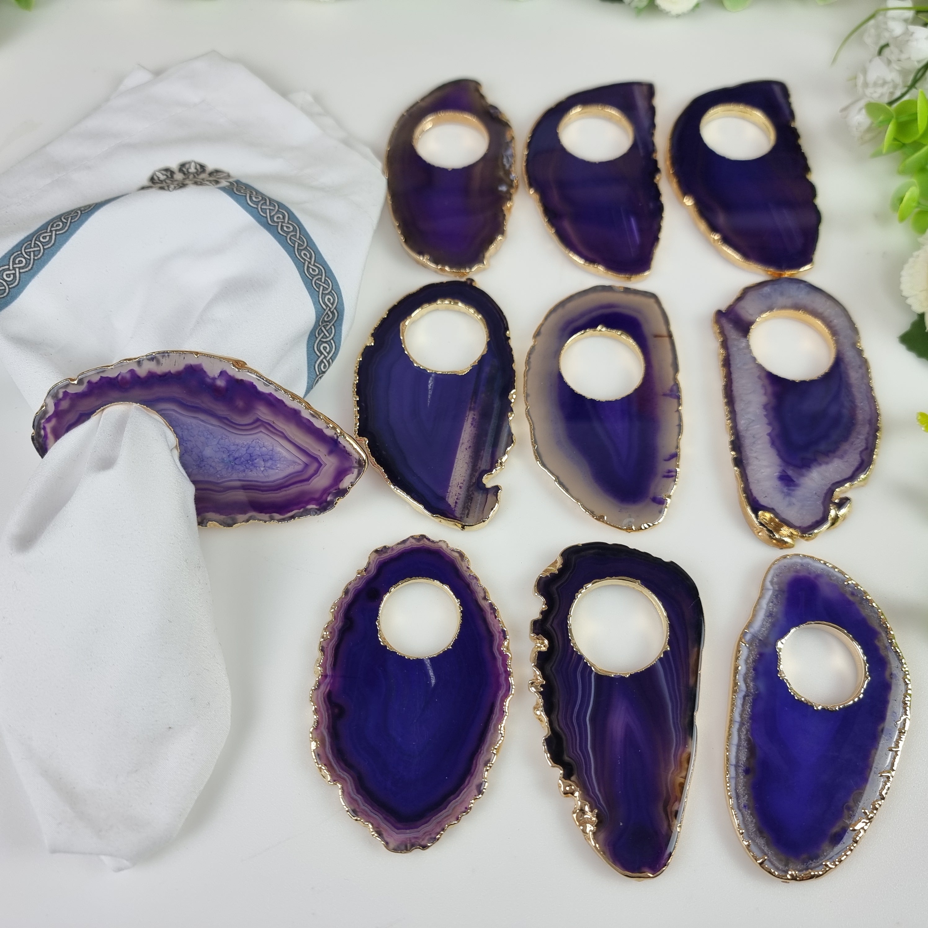 Agate Napkin Rings WITH Gold-Plated Hole | Kit of 10 Units, Size 10 to 12 cm | Handmade Piece BR Crystals