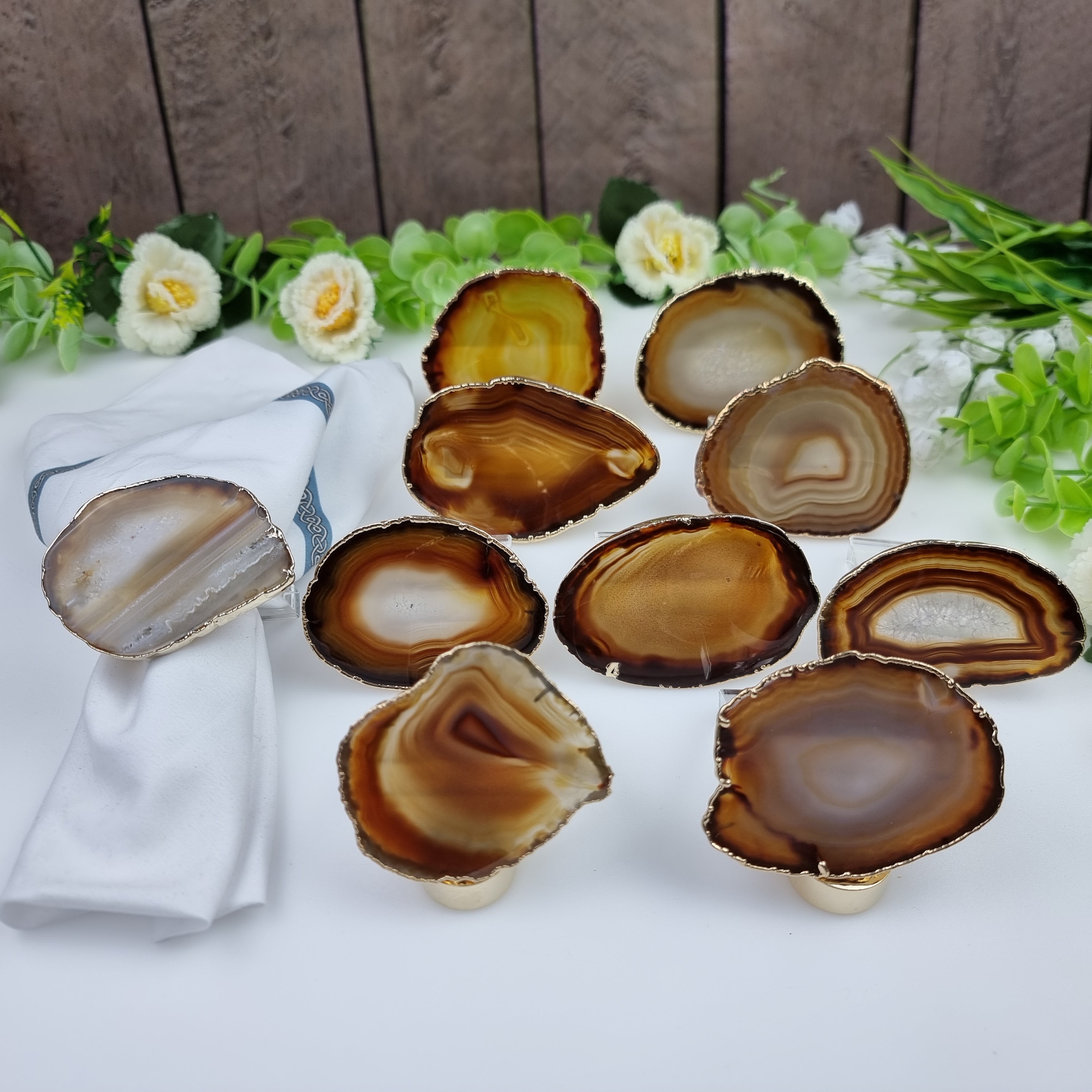 Agate Napkin Ring, GOLD Plated | Kit 10 Units, Size 7 to 10 cm | Handmade Piece BR Crystals
