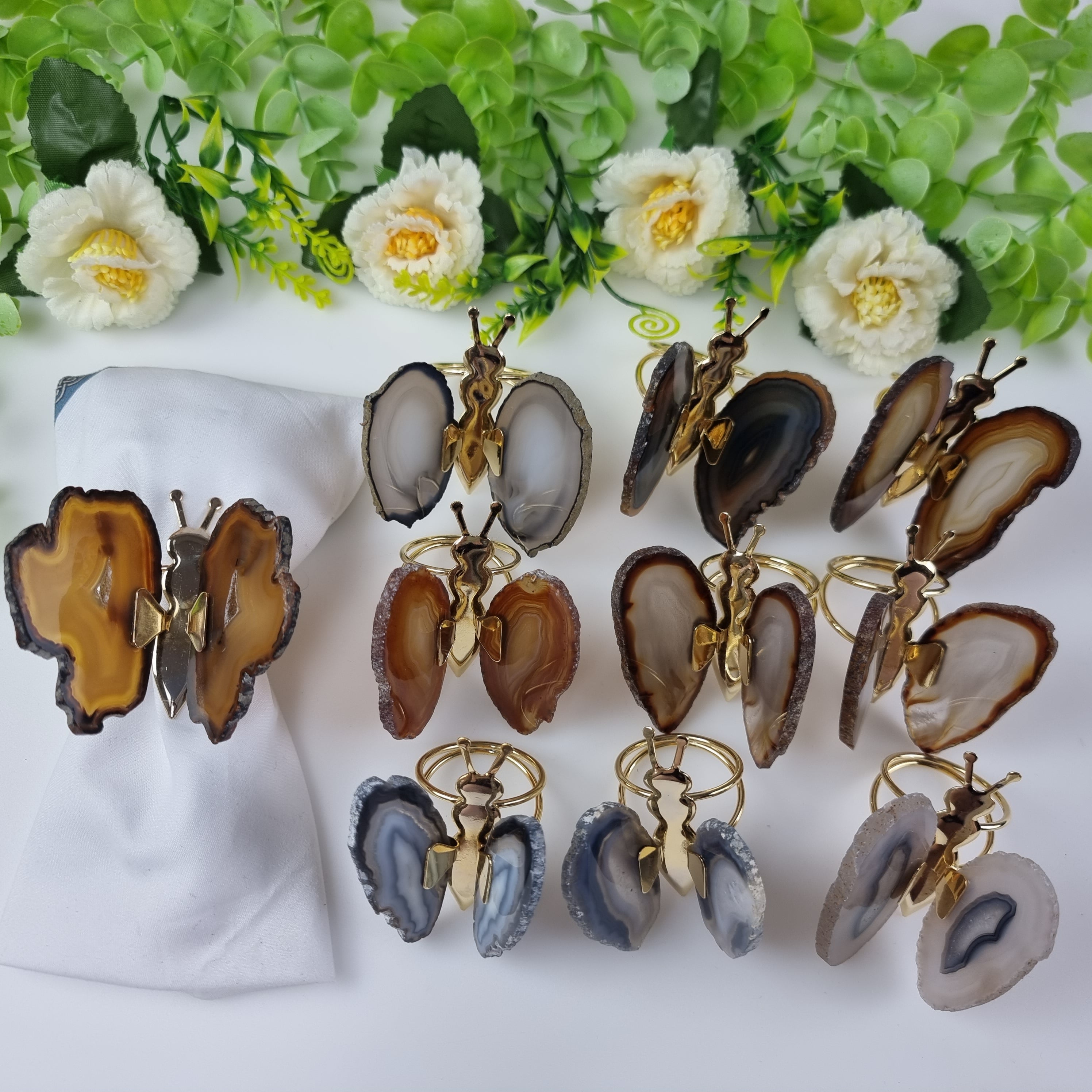 Agate Butterfly Napkin Rings with Gold Insect | Kit 10 Units, Size 7 to 9 cm | BR Crystals Handmade Piece