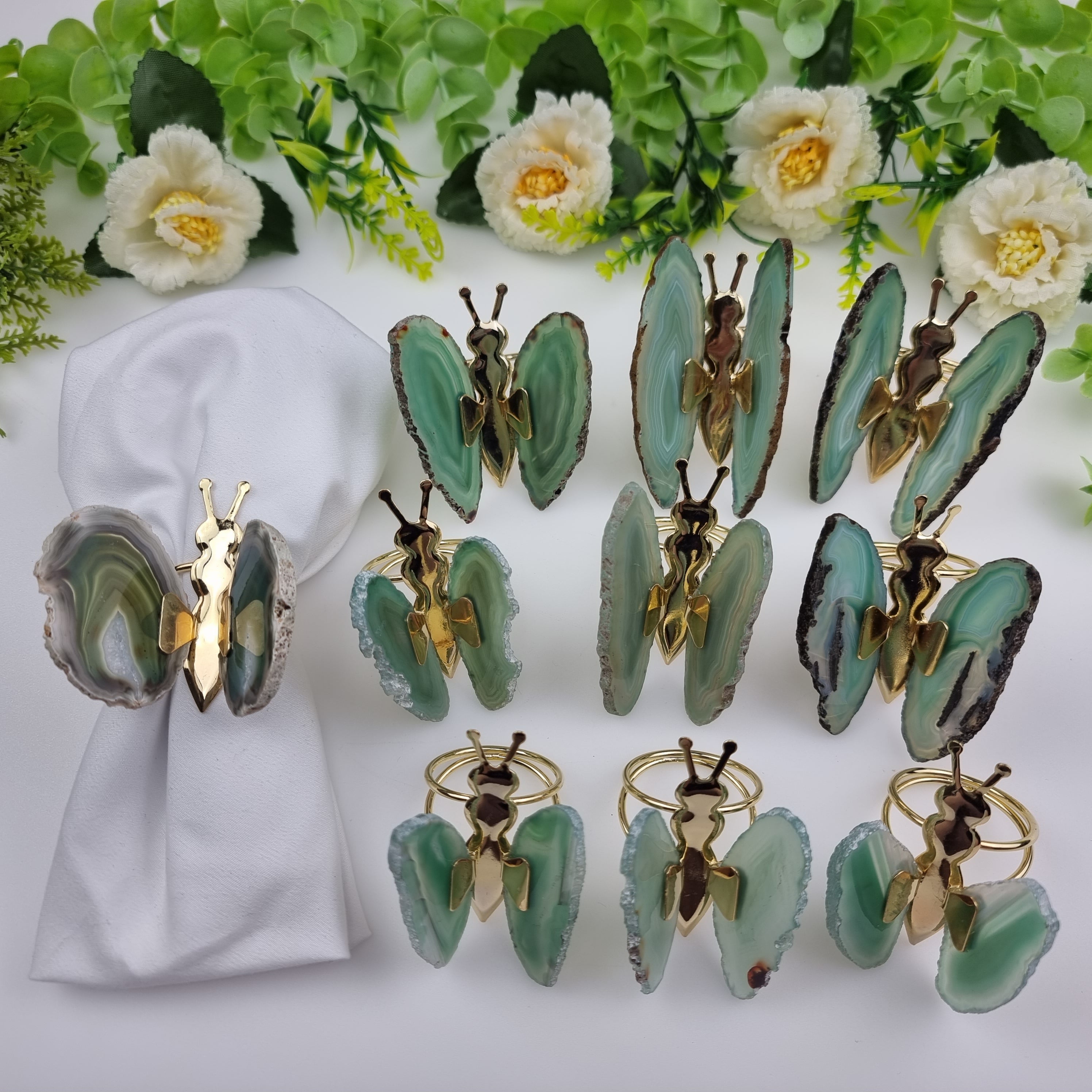 Agate Butterfly Napkin Rings with Gold Insect | Kit 10 Units, Size 7 to 9 cm | BR Crystals Handmade Piece