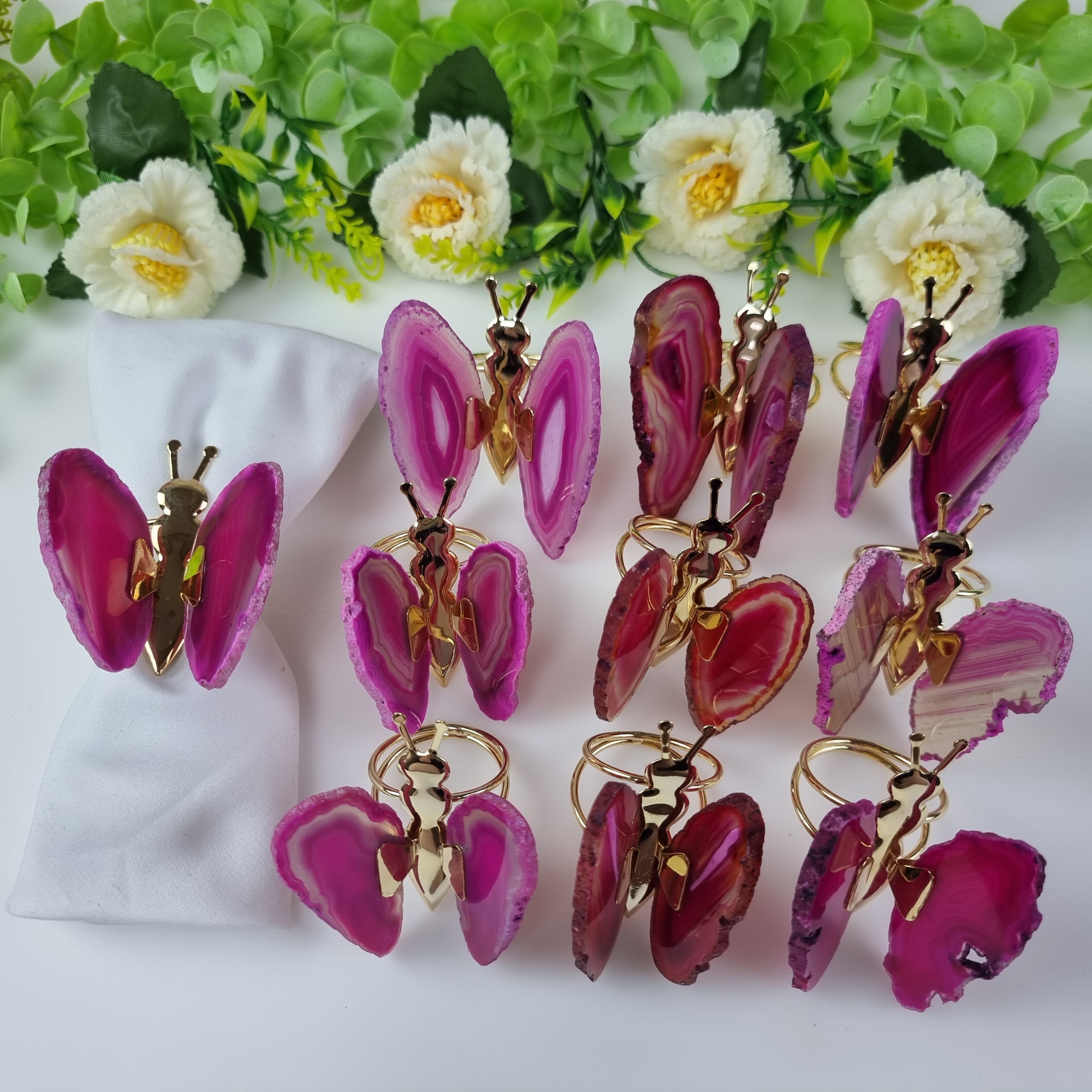 Agate Butterfly Napkin Rings with Gold Insect | Kit 10 Units, Size 7 to 9 cm | BR Crystals Handmade Piece