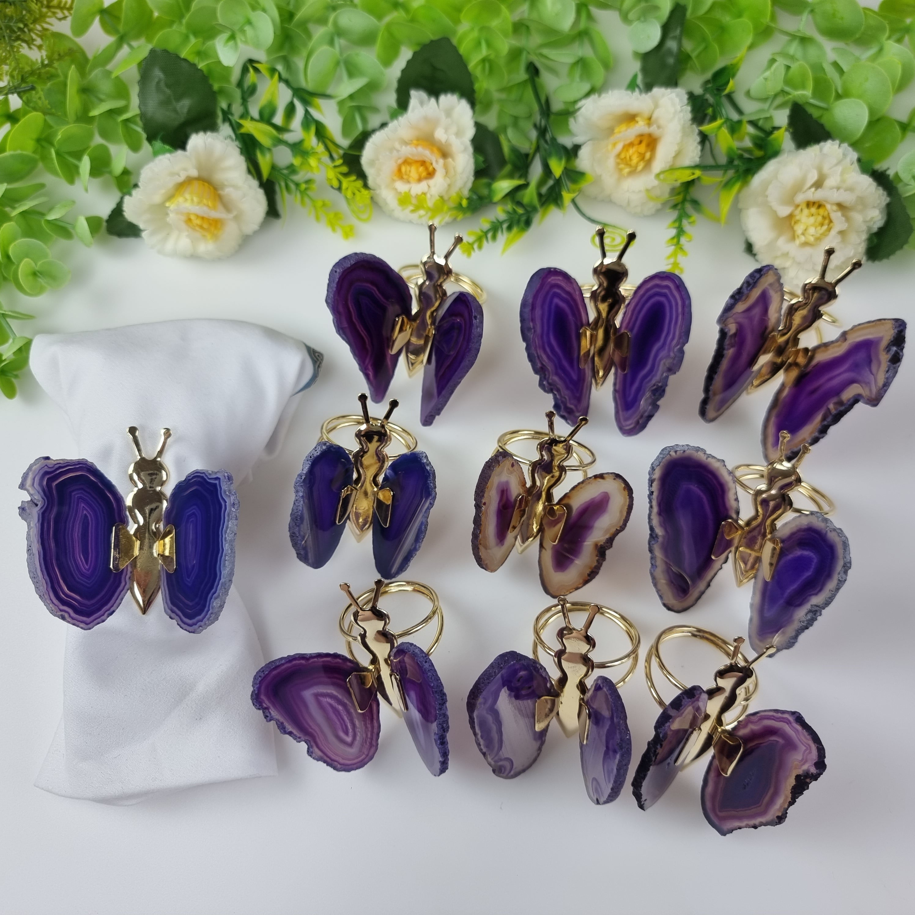 Agate Butterfly Napkin Rings with Gold Insect | Kit 10 Units, Size 7 to 9 cm | BR Crystals Handmade Piece