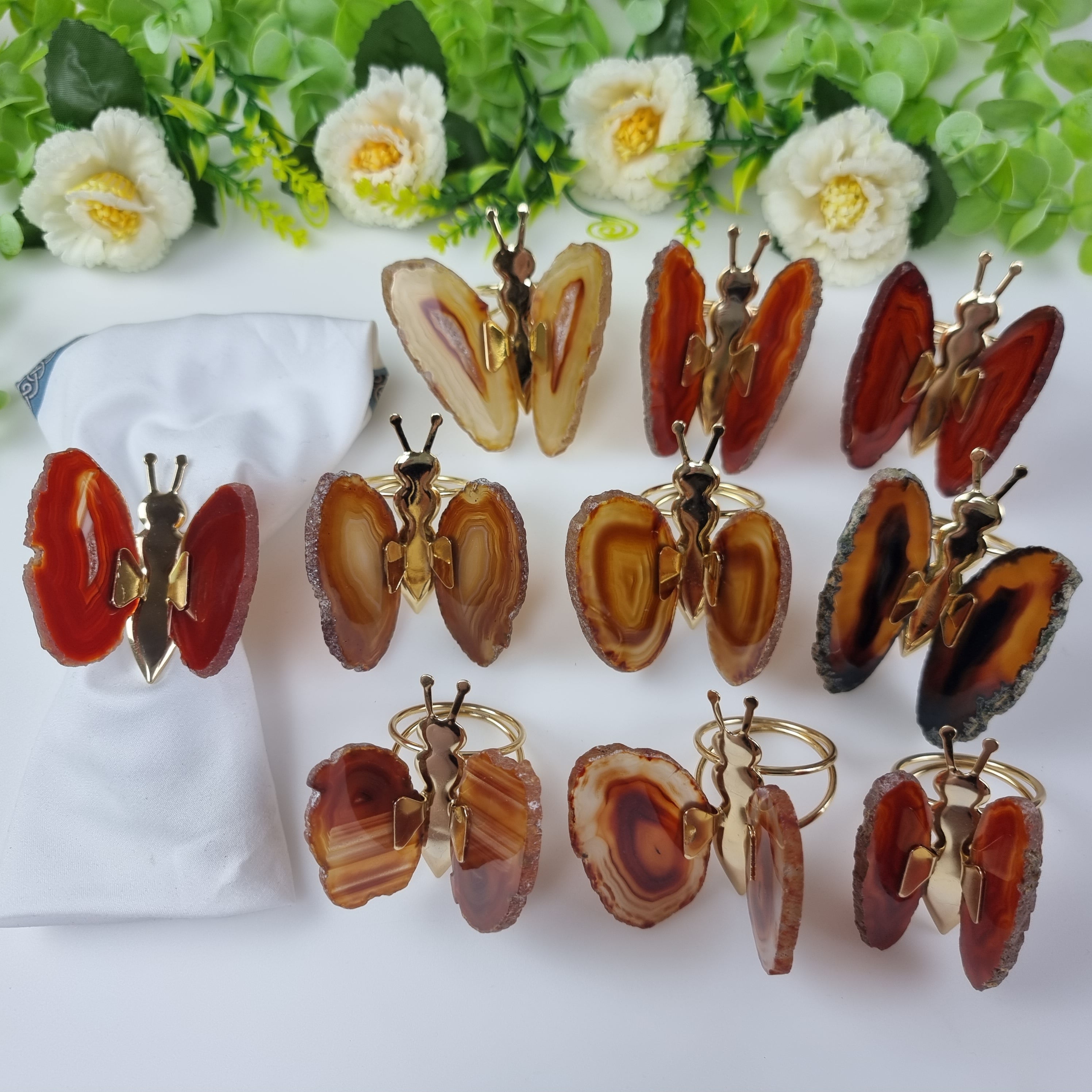 Agate Butterfly Napkin Rings with Gold Insect | Kit 10 Units, Size 7 to 9 cm | BR Crystals Handmade Piece
