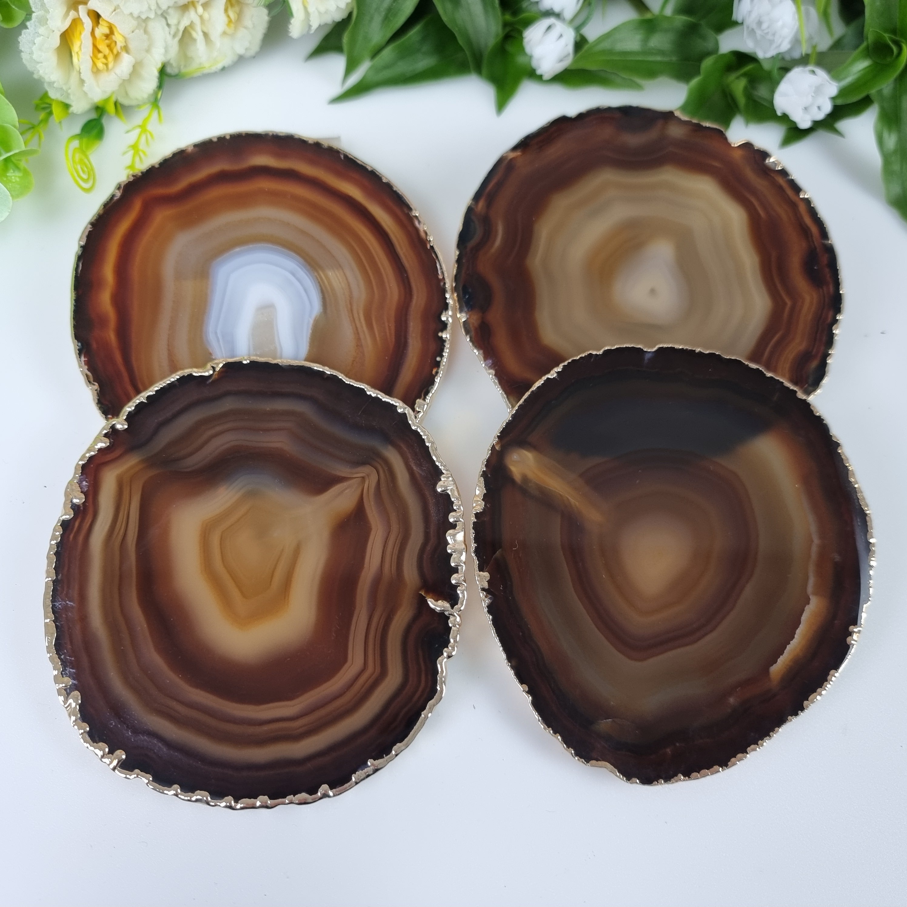 GOLDEN BATH Natural Agate Coasters size 10 to 12 cm kit 4 Pieces Weight 0.500 kg