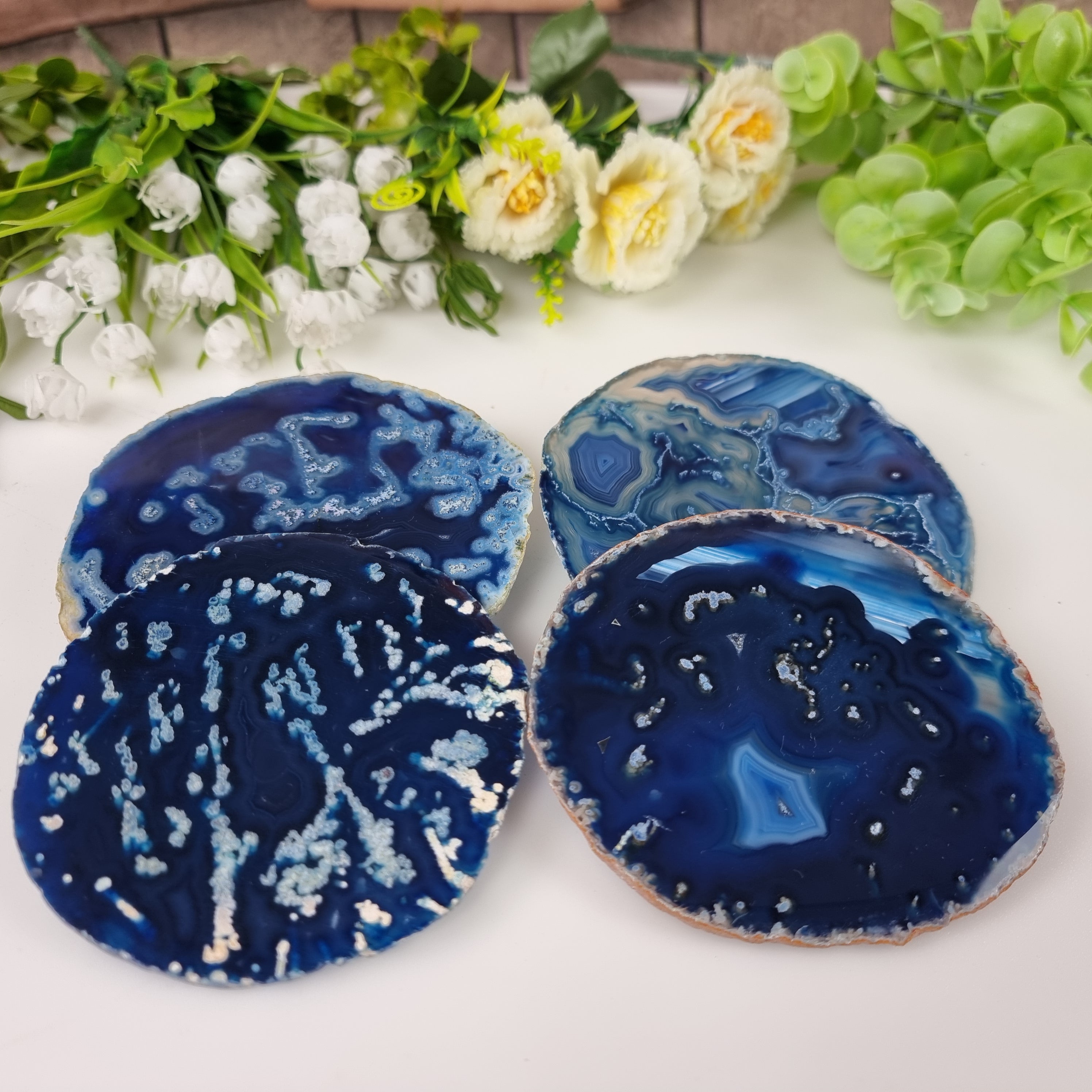 Posavasos de ágata natural tamaño 10 a 12 cm, kit de 4 piezas, peso total 0.500 kg
